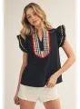 Designer Inspired Plaid Trim Ruffle Sleeve Top
