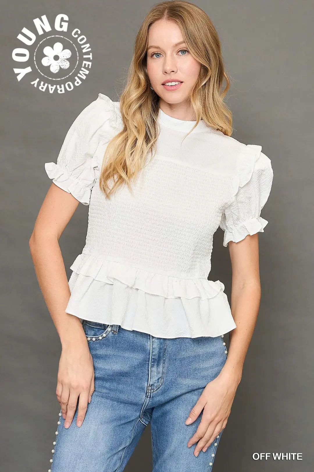White Smocked Collar Top with Ruffle Sleeves