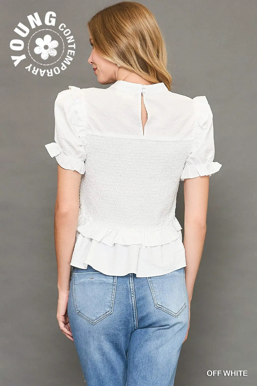 White Smocked Collar Top with Ruffle Sleeves