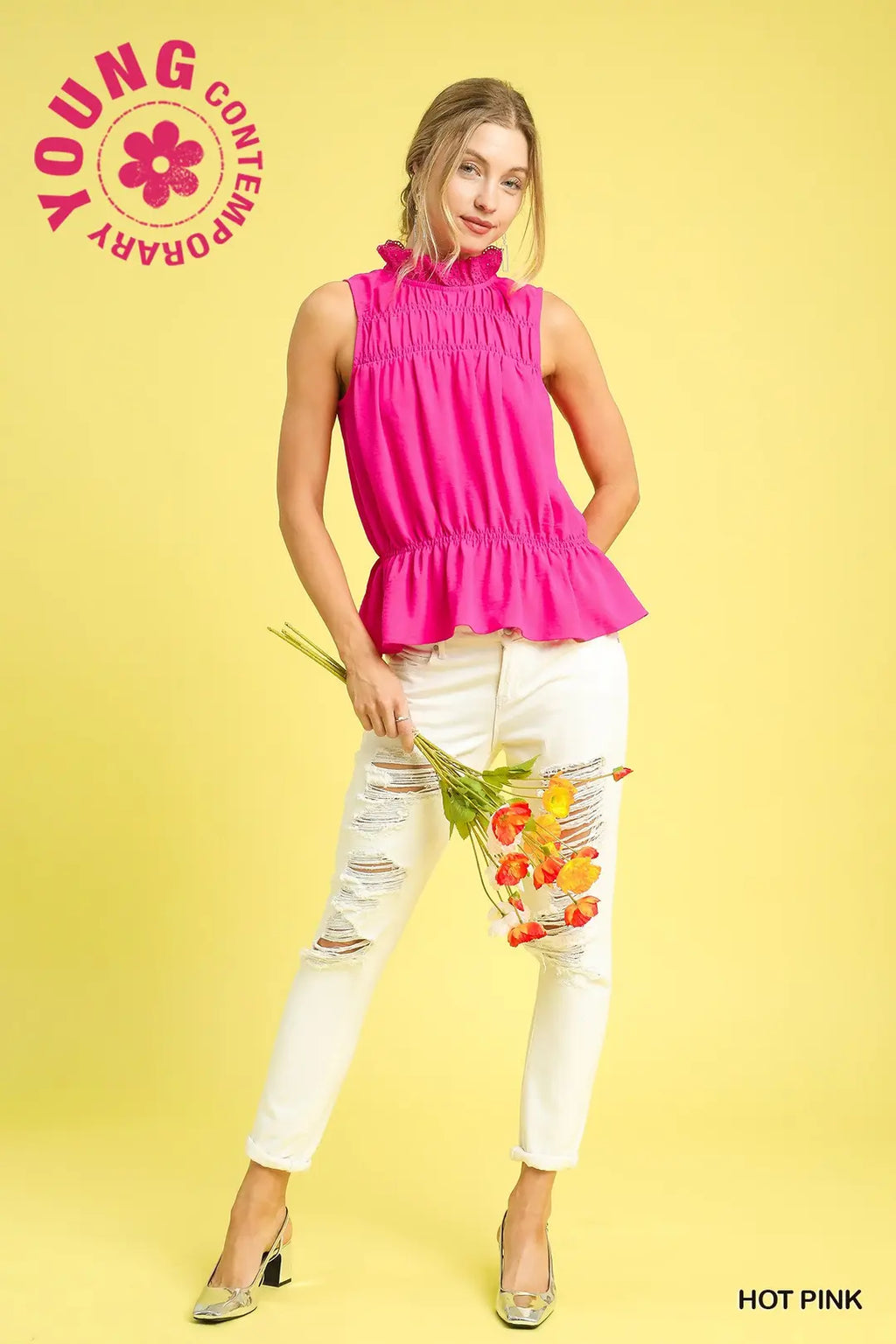 Mock Neck Peplum Top - Fuchsia Pink