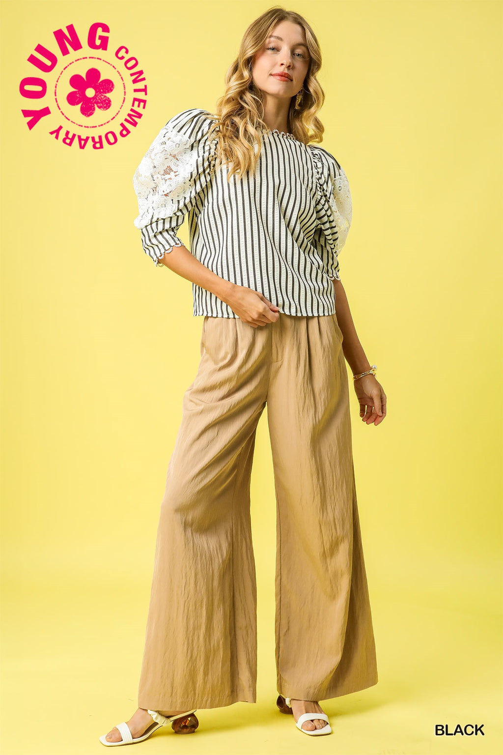 Black Pinstripe Top with Lace Puff Sleeves