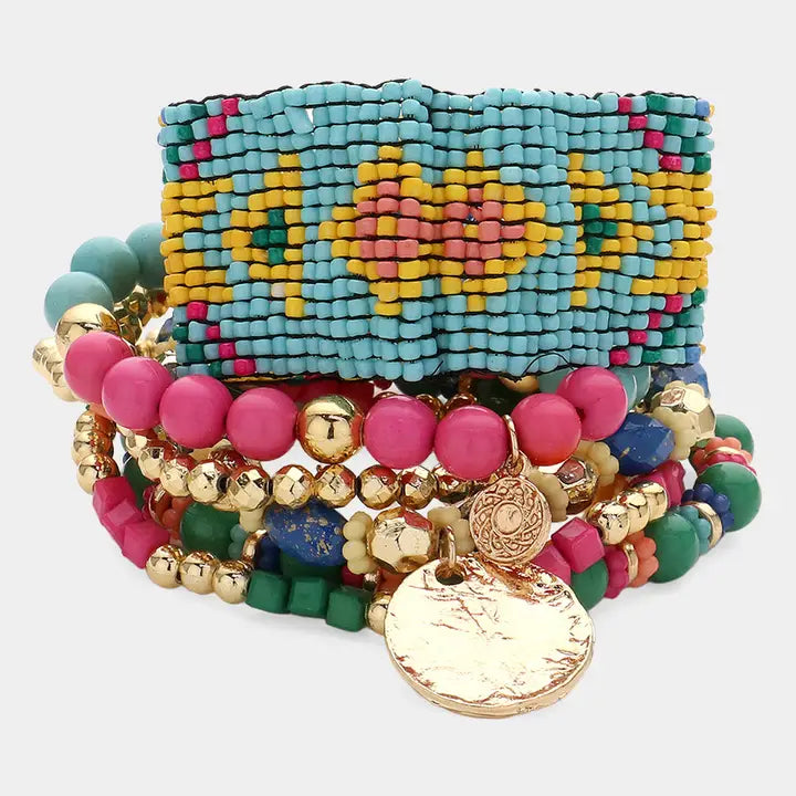 Boho Stretch Bracelet Set - 7 Piece Multi-Layered Stack Collection