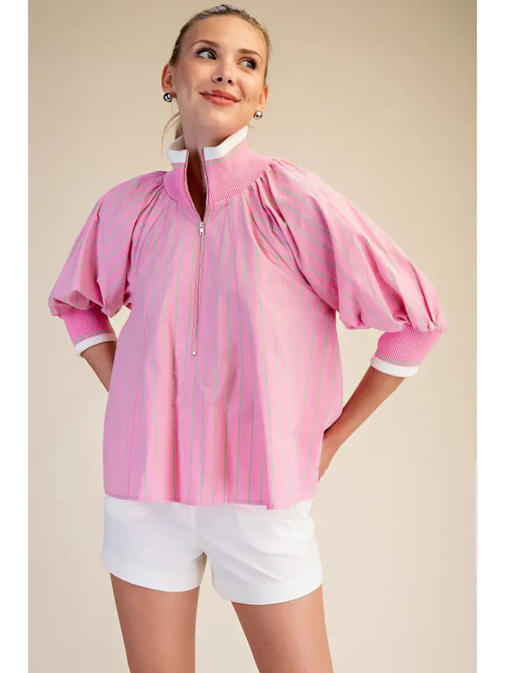 Pink Mock Neck Zip Top with Lime Green Pinstripe