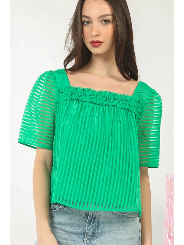 Puff Sleeve Organza Top - Sheer Square Neck Blouse