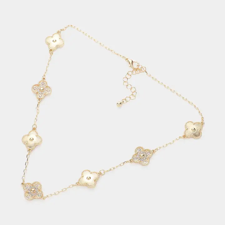 Stone Paved Quatrefoil  Necklace