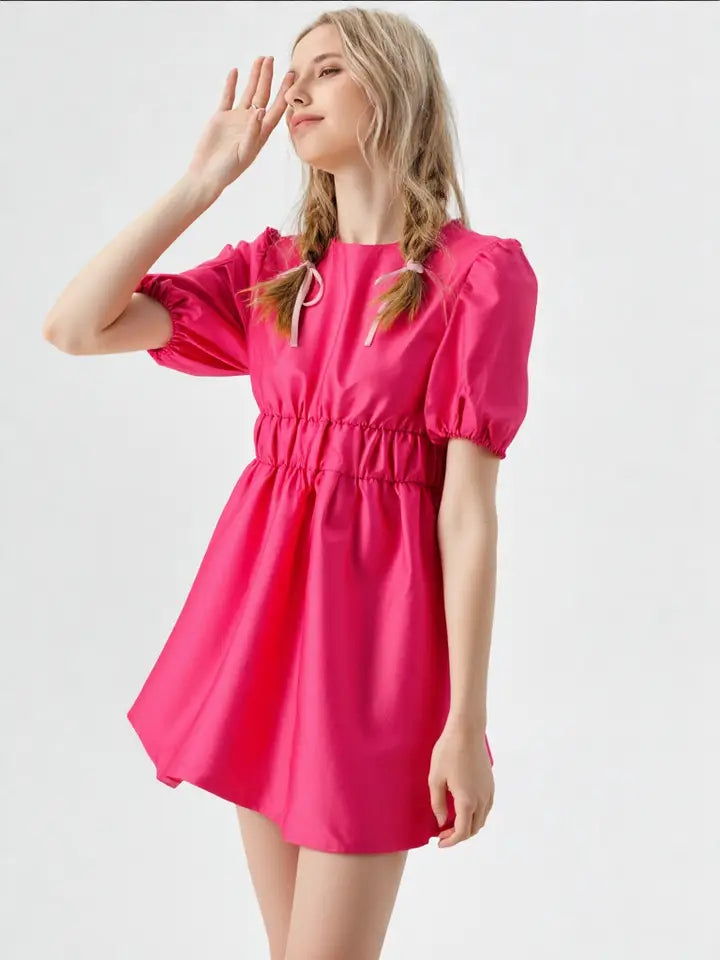 Pink Satin Puff Sleeve Bubble Hem Dress - Elegant Party Dress