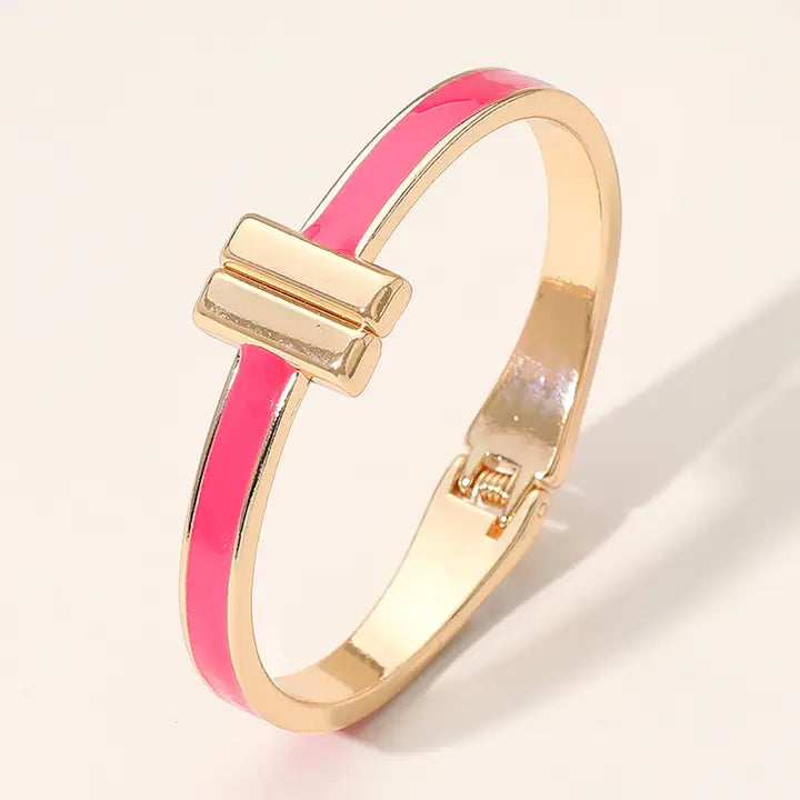 Fuchsia Bangle Bracelet - Bold Pink Statement Jewelry with Gold Accents