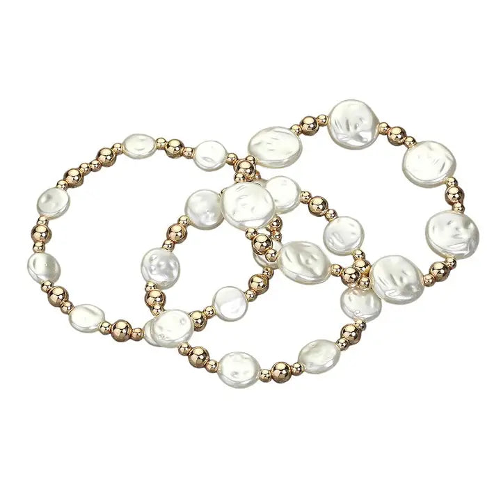 Pearl & Metal Ball Bracelet Set - 3 Piece Stackable Collection