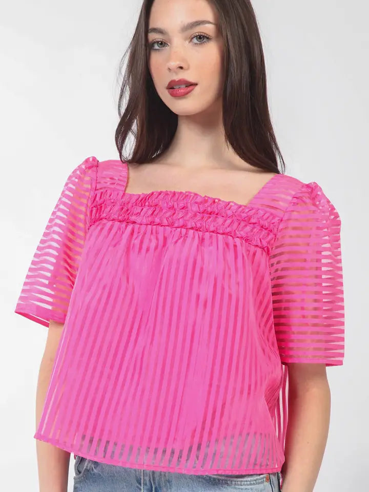 Puff Sleeve Organza Top - Sheer Square Neck Blouse