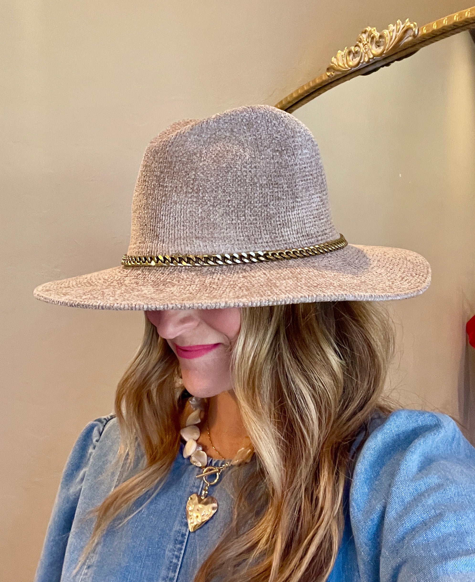 Chenille Hat with Gold Chain