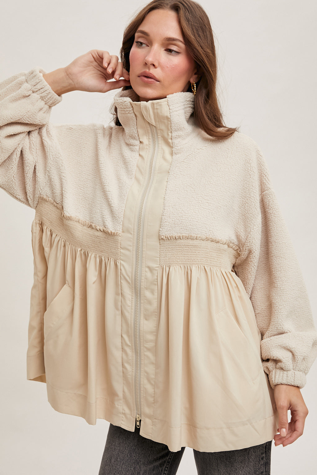 Fleece Peplum Jacket - Contrast Detail Zip-Up Outerwear