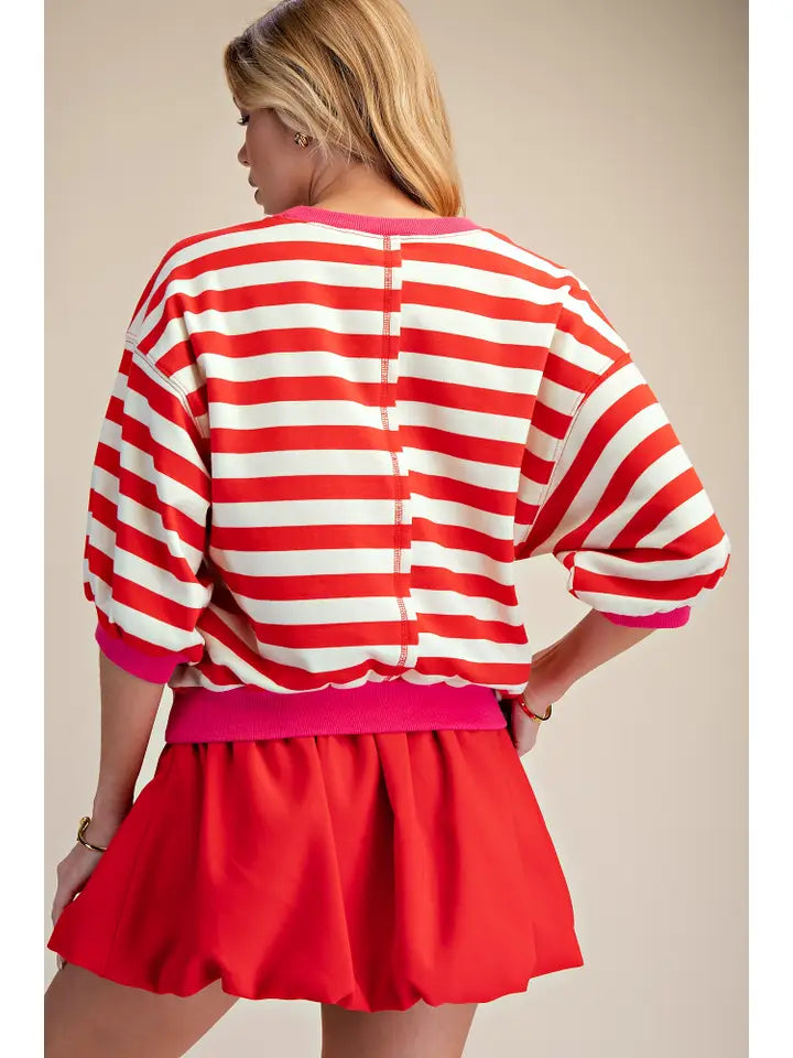 Red & Cream Striped Top with Hot Pink Trim