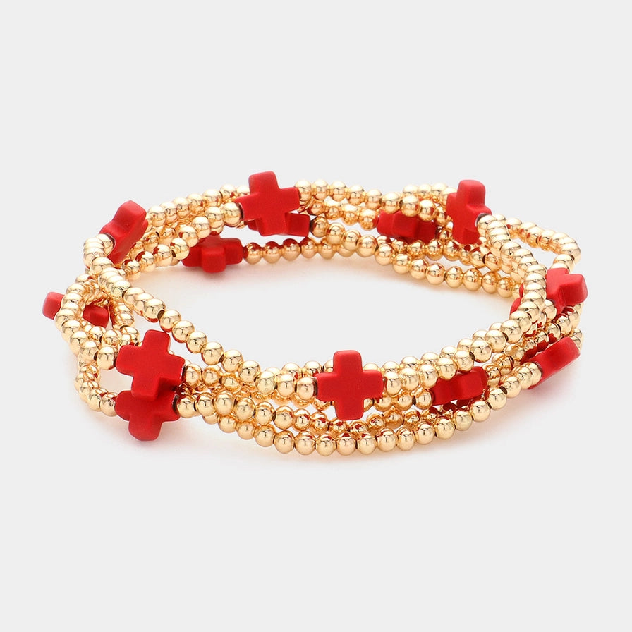 Metal Ball Beaded Red Cross Bracelets - Designer Inspired