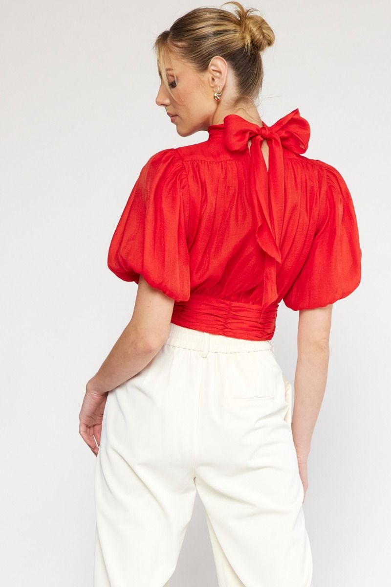 Red Puff Sleeve Grace Top - Elegant Statement Blouse