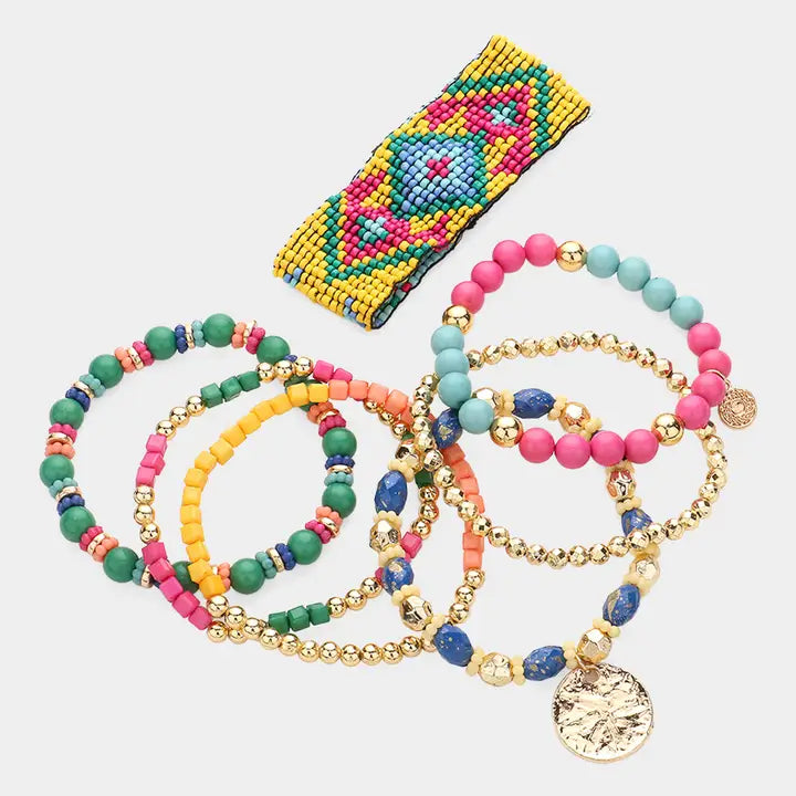 Boho Stretch Bracelet Set - 7 Piece Multi-Layered Stack Collection