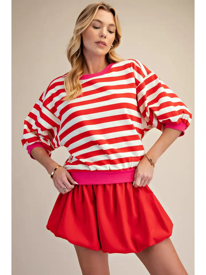 Red & Cream Striped Top with Hot Pink Trim
