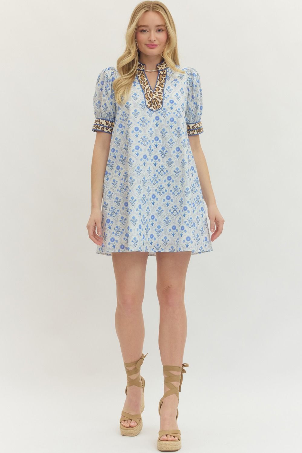 Botanical Print Dress with Animal Print Trim