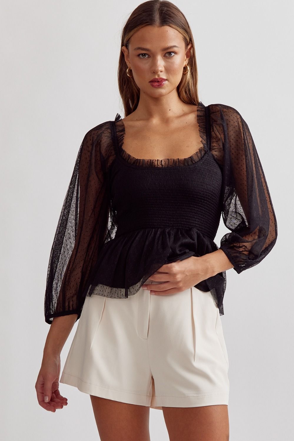 Black Peplum Top - Elegant Long Sleeve Blouse