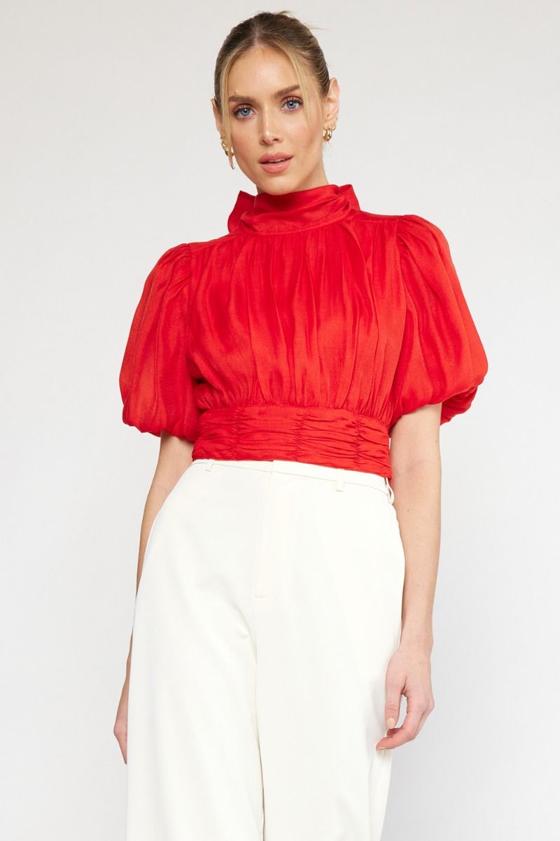 Red Puff Sleeve Grace Top - Elegant Statement Blouse