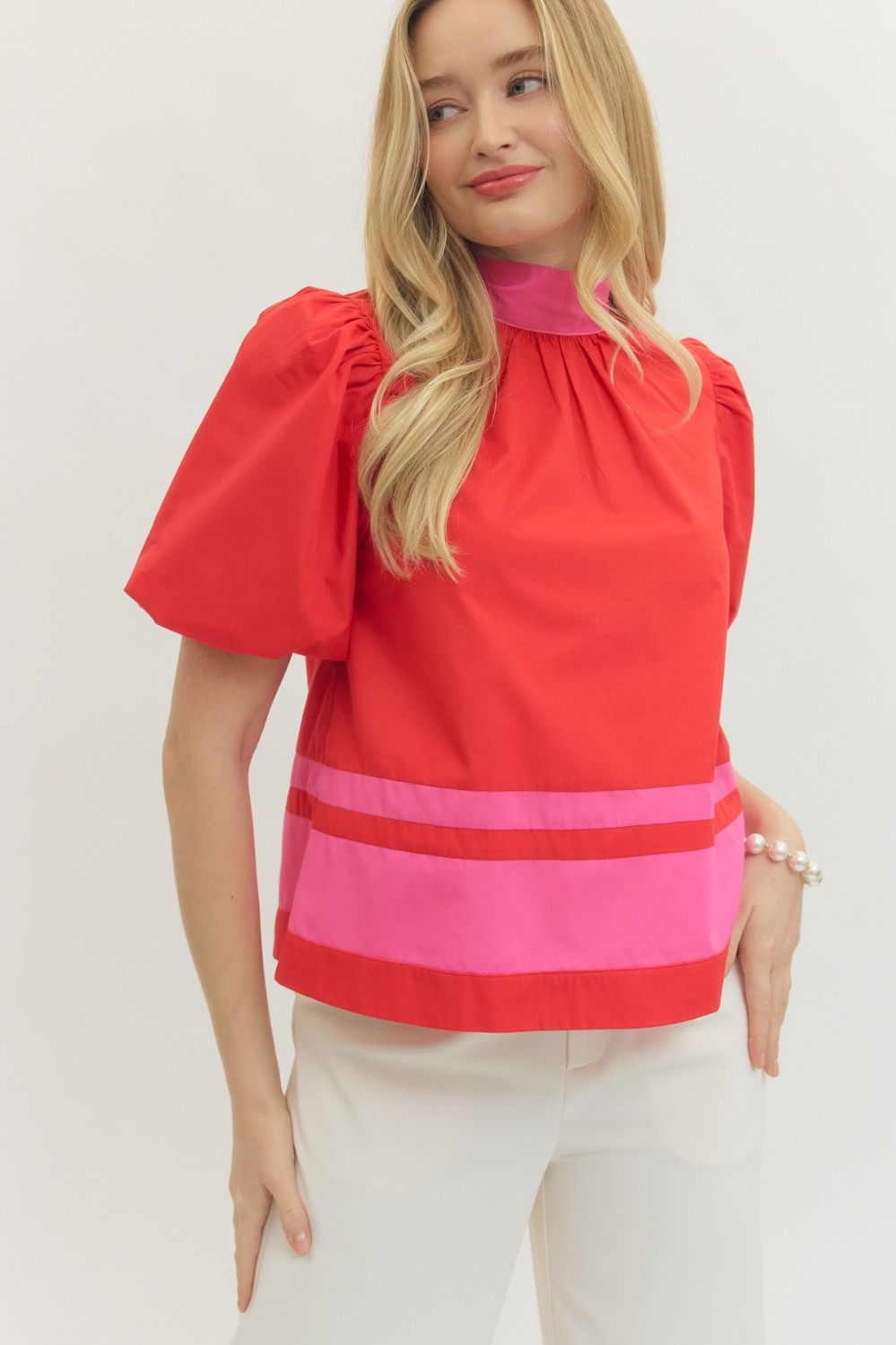 Bold Red & Pink Bow-Neck Top