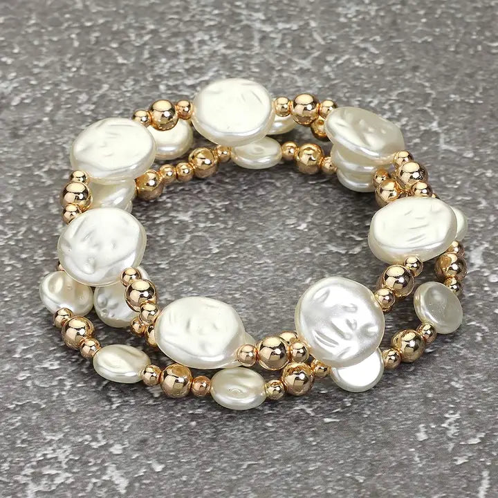 Pearl & Metal Ball Bracelet Set - 3 Piece Stackable Collection