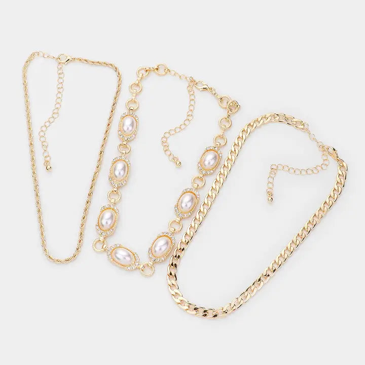 3PCS - Metal Chain Rhinestone Embellished Oval Pearl Link Choker Necklaces